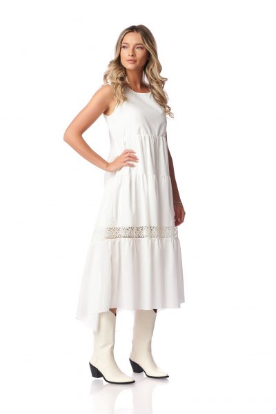 Rochie Fashion Loft, alba midi cu volane si dantela Rochie Fashion Loft, alba midi cu volane si dantela