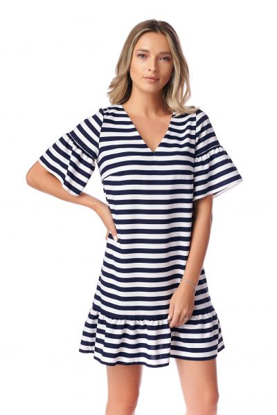 Rochie Fashion Loft, din bumbac cu dungi si maneci cu volane Rochie Fashion Loft, din bumbac cu dungi si maneci cu volane