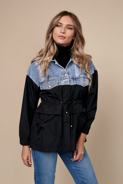 Jacheta dama stil casual din jeans si fas culoarea neagra/bleumarin Jacheta dama stil casual din jeans si fas culoarea neagra/bleumarin