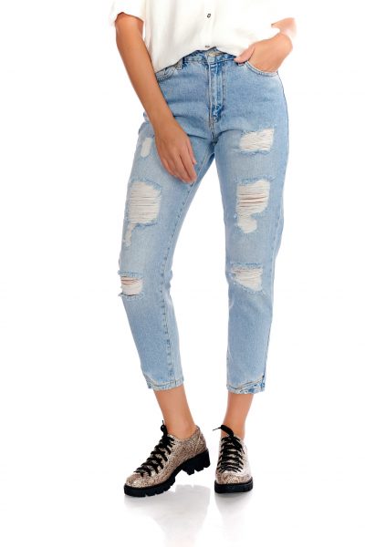 Pantaloni albastri casual denim cu rupturi decorative Pantaloni albastri casual denim cu rupturi decorative