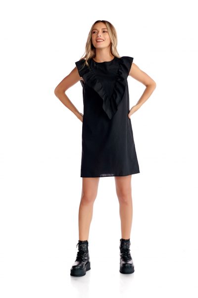 Rochie casual scurta din bumbac model cu volane culoarea neagra Rochie casual scurta din bumbac model cu volane culoarea neagra