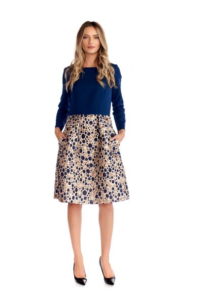 Rochie eleganta bleumarin/auriu cu maneci si buzunare laterale Rochie eleganta bleumarin/auriu cu maneci si buzunare laterale