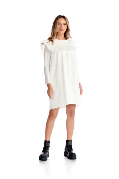 Rochie casual maneci lungi volane fata spate culoarea alba Rochie casual maneci lungi volane fata spate culoarea alba