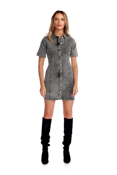 Rochie scurta din denim maneci inchidere capse neagra Rochie scurta din denim maneci inchidere capse neagra