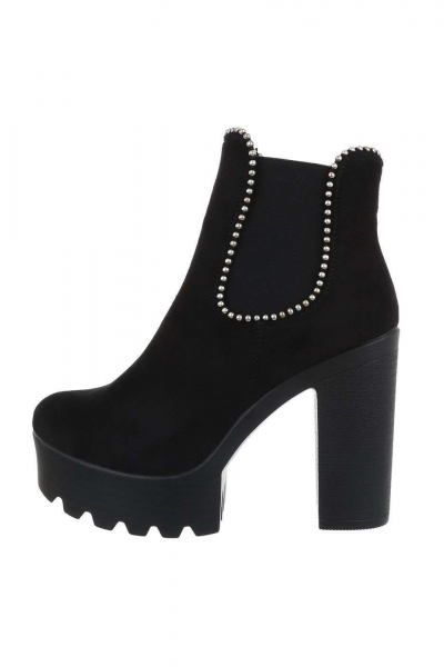 Botine dama accesorizate, toc inalt, piele ecologica, negre