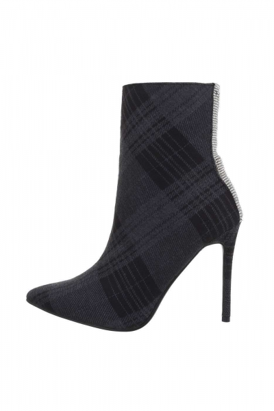 Botine stileto din material textil, negre/gri