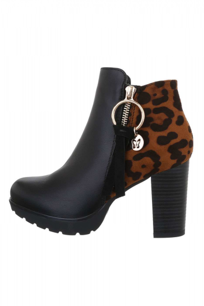 Botine dama model animal print, negru/caramiziu