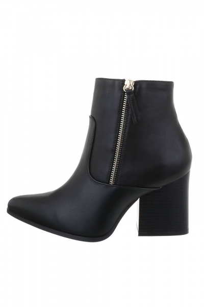 Botine dama din piele ecologica cu toc gros, inchidere cu fermoar, negre