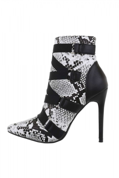 Botine dama cu toc subtire, model animal print, alb/negru
