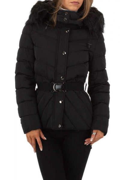 Geaca de fas scurta, gluga detasabila, cordon in talie, neagra Geaca de fas scurta, gluga detasabila, cordon in talie, neagra