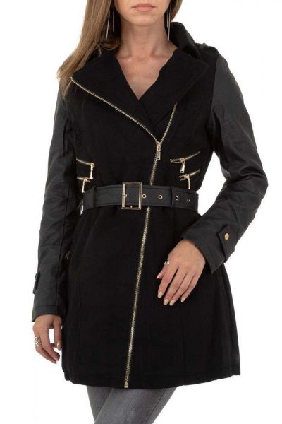 Palton dama casual, cordon in talie, accesorizat cu fermoare, negru Palton dama casual, cordon in talie, accesorizat cu fermoare, negru