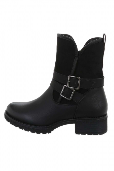 Botine dama din piele ecologica, cu catarame, inchidere cu fermoar, negre