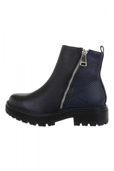 Botine din piele ecologica cu model albastru, inchidere cu fermoar,