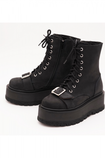 Ghete din piele naturala, catarama si siret, imblanite interior, culoarea neagra