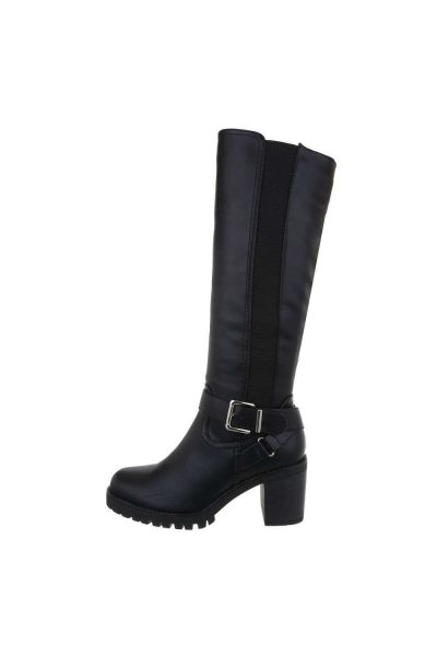 Cizme dama casual cu toc gros, accesorizate cu catarama, negre