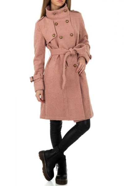 Palton dama lung, cordon in talie, accesorizat cu nasturi, roz Palton dama lung, cordon in talie, accesorizat cu nasturi, roz