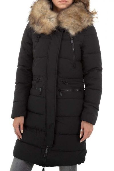 Geaca dama din fas, lunga, gluga detasabila, neagra Geaca dama din fas, lunga, gluga detasabila, neagra