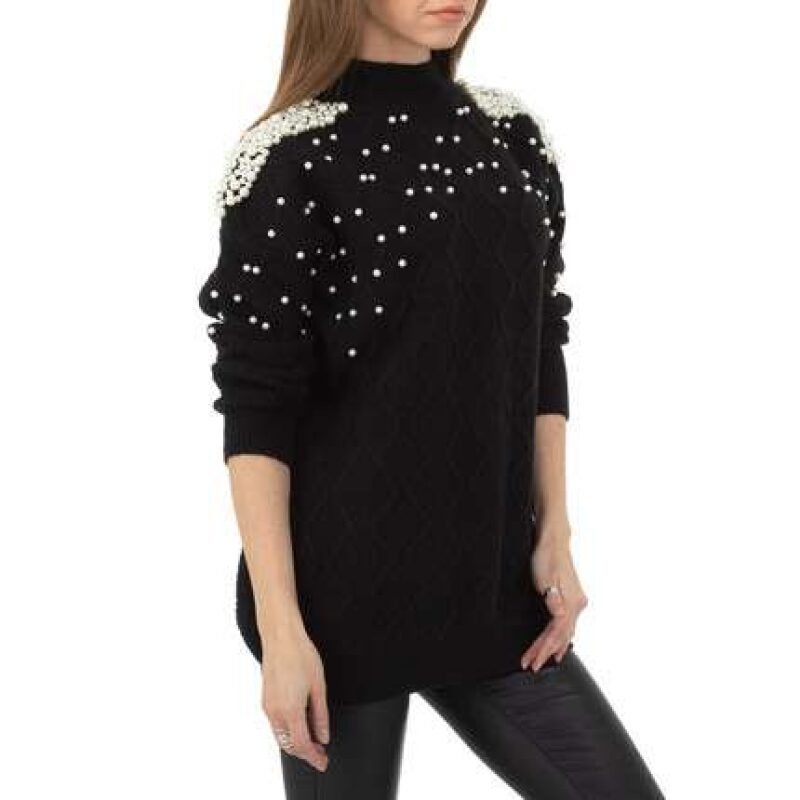 Fifty Integration Lure Pulover dama guler inalt, material tricotat, aplicatii cu perle, negru |  FASHION LOFT